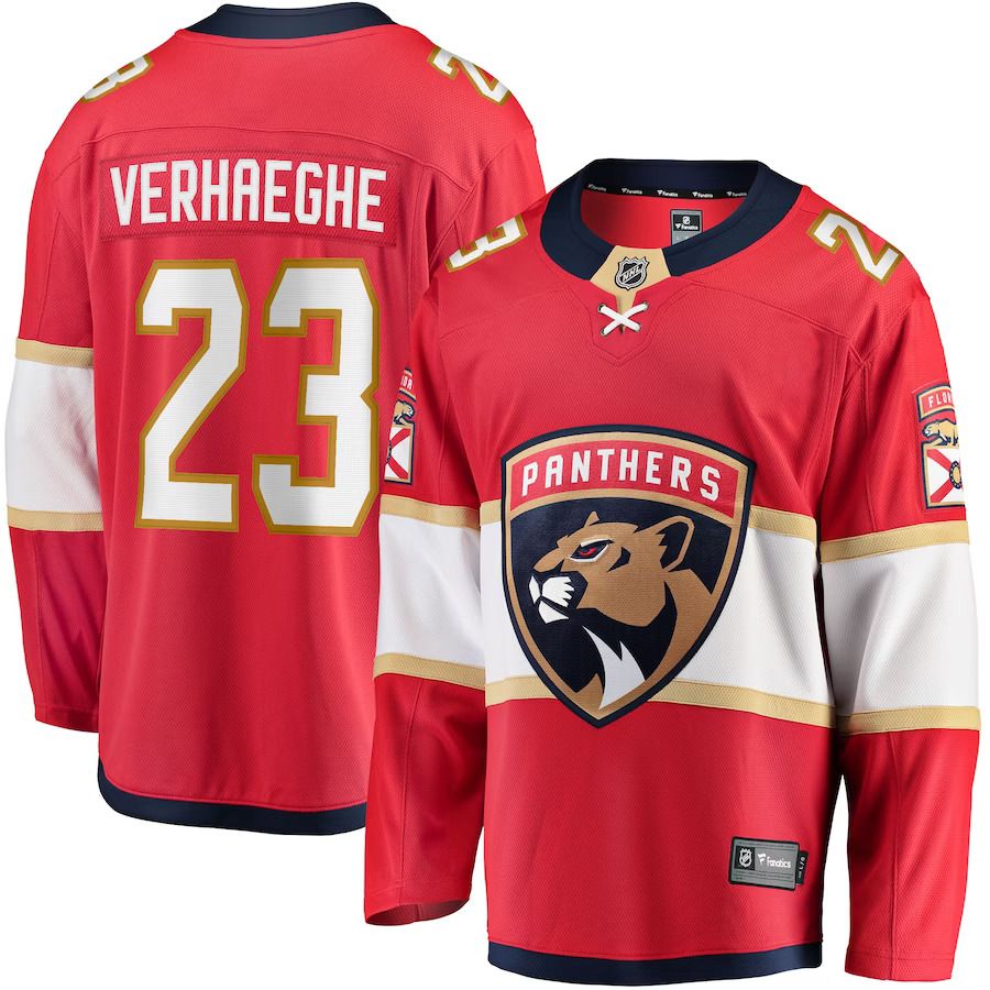 Men Florida Panthers 23 Carter Verhaeghe Fanatics Branded Red Home Breakaway NHL Jersey